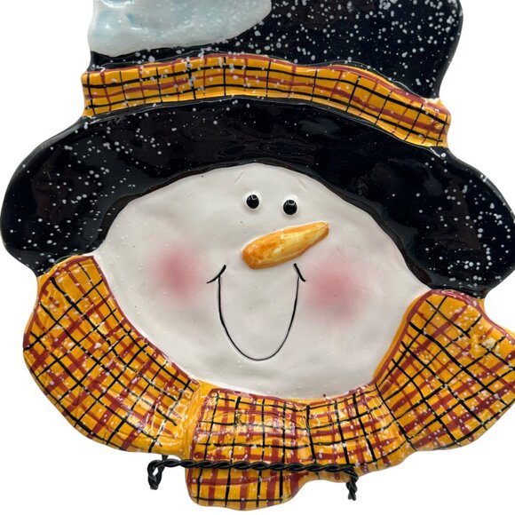 Christmas Snowman Candy Dish Plate Ceramic Pottery Trinket Scarf Yellow Black - Picture 6 of 12